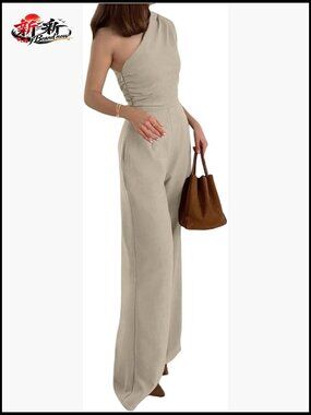 Sleeveless One Shoulder Jumpsuit Ruched High Waist Work Dressy Long Pants
